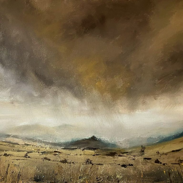 Evening Storm over Vixen Tor, Dartmoor. An atmospheric oil painting of Dartmoor with a storm passing over Vixen Tor in the evening light by renowned Dartmoor artist Tim Yorke-Dunne